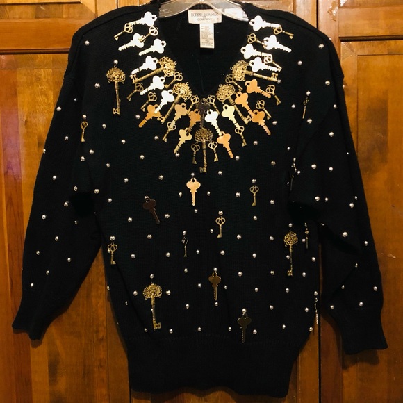 Bonnie Boerer Sweaters - Women's Vintage Sweater - Bonnie Boerer & Company, 1988, Keys, Retro Artsy, Sz M